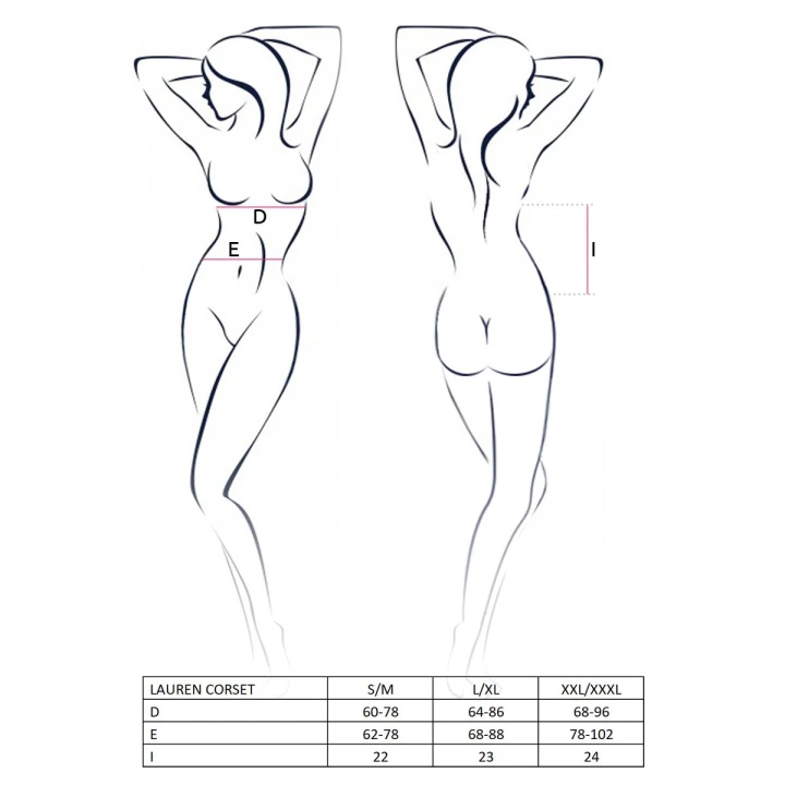Gorset regulowany Lauren, satynowy, S/M, eksponujący sylwetkę, z stringami