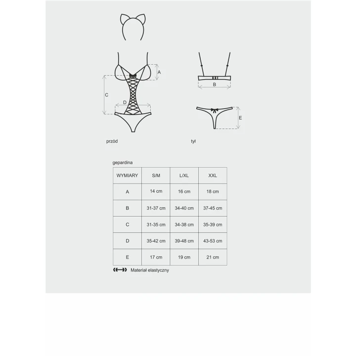 Kostium kocicy Gepardina 3-częściowy S/M, figlarne body, regulowane ramiączka, odpinany ogon
