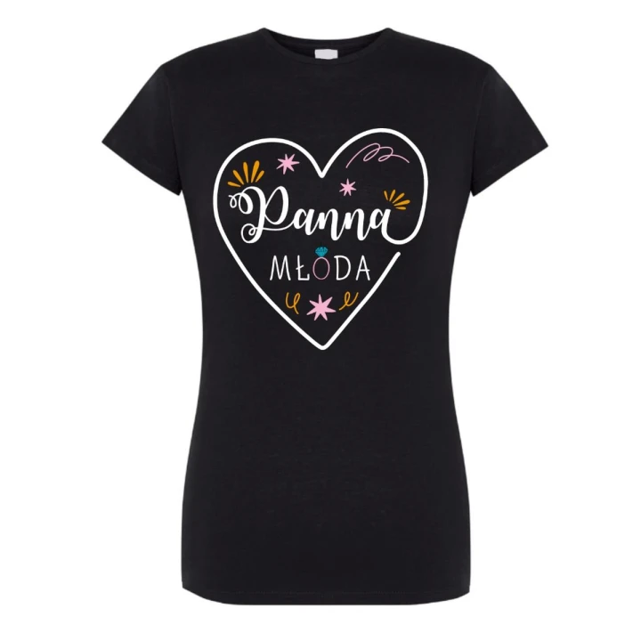 Koszulka damska czarna "Panna Młoda" M, miękka, na wieczór panieński, z nadrukiem serca