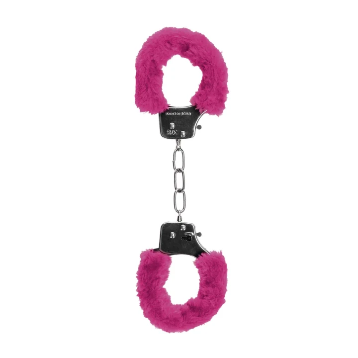 Kajdanki do przyjemności z futerkiem różowym - 29 cm, bezpieczny mechanizm, stal nierdzewna