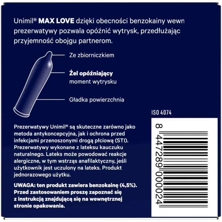 Prezerwatywy Unimil MAX LOVE, 54 mm, żel z benzokainą 4,5%, 3 szt.