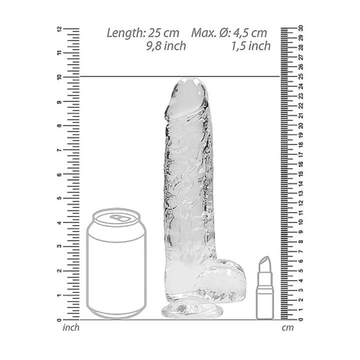 Dildo REALROCK Crystal Clear 23 cm, realistyczne jądra, mocna przyssawka, wodoodporne