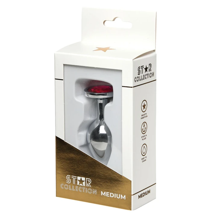 Korek analny M – metalowy, srebrny z różowym kamieniem