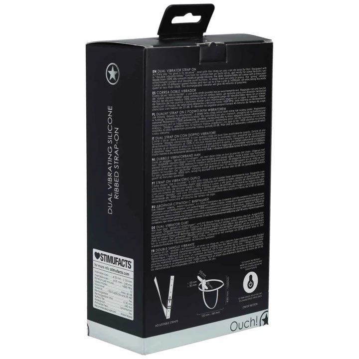 Strap-On Ouch! - Podwójny Wibrator, Ładowany, 10 Prędkości, Silikonowy, Czarny