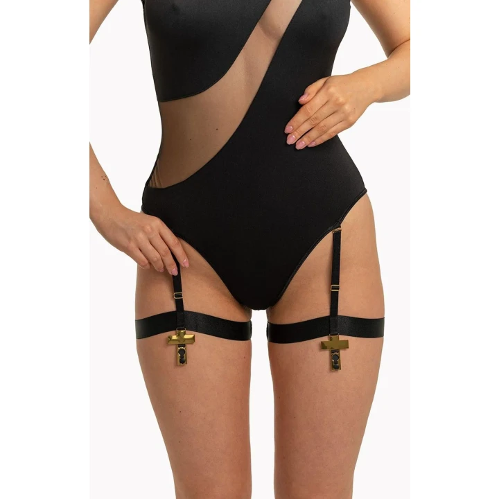 Body ANAIS Jenny L/XL, tiulowa wstawka, podwiązki, zapięcie w kroku, czarne