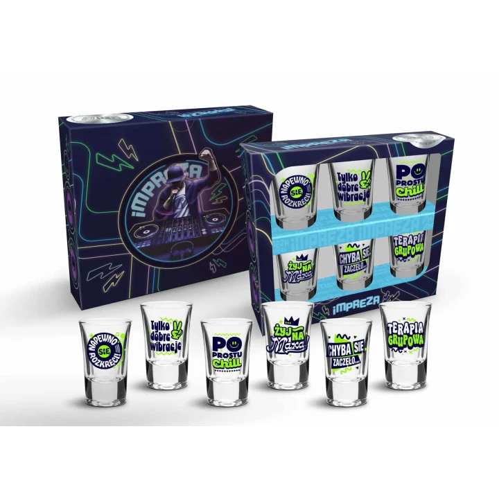 Kieliszki do shotów - Zestaw IMPREZA, 35ml, szklane z kolorowymi nadrukami