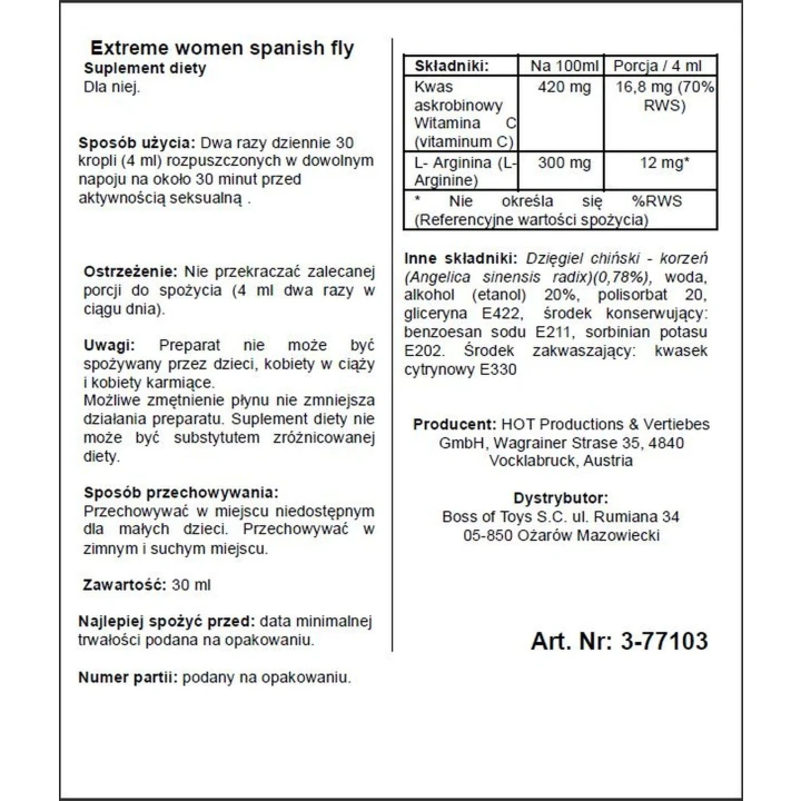 Krople suplement diety ERO - Spain Fly Extreme dla kobiet, 30ml, zwiększające doznania seksualne