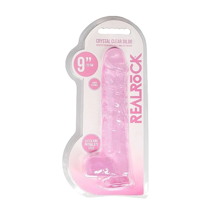 Dildo REALROCK CRYSTAL CLEAR 23 cm, realistyczne jądra, przyssawka, wodoodporny