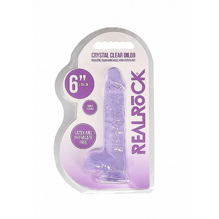 Dildo REALROCK Crystal Clear 17 cm, realistyczne jądra, przyssawka, bez ftalanów