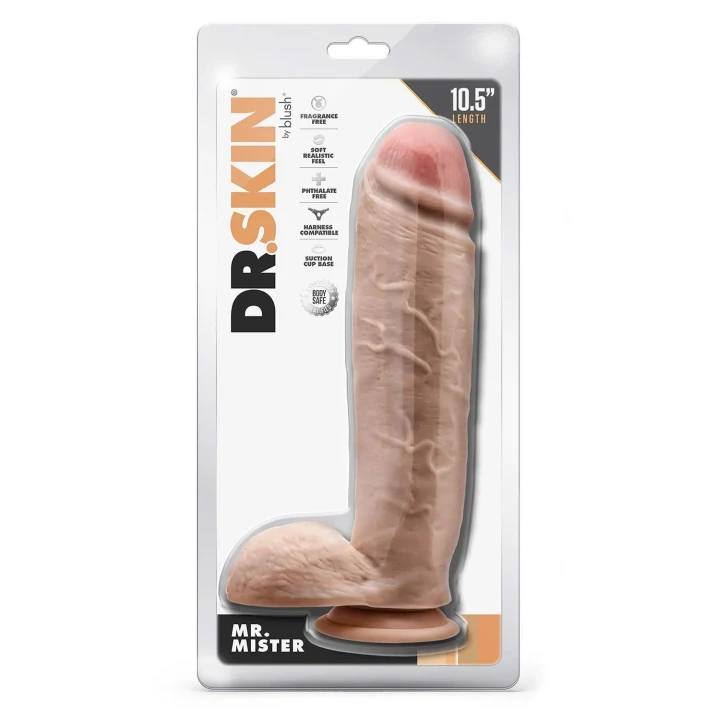 Dildo Dr. Skin Mr. Mister, 10.5 cala, silikonowy, z mocowaniem, beżowy