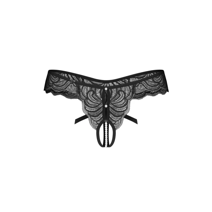 Stringi OBSESSIVE — koronkowe, otwarty krok z perłami, ozdobna kokarda (2XL/3XL)