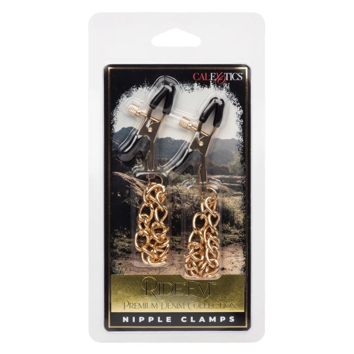 Zaciski na sutki Ride 'em Premium, regulowane z podkładkami PVC, złote łańcuszki
