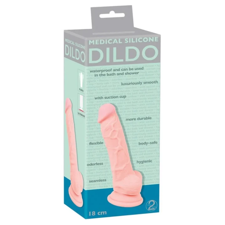 Dildo silikonowe medyczne 18 cm, realistyczna faktura, przyssawka, elastyczne
