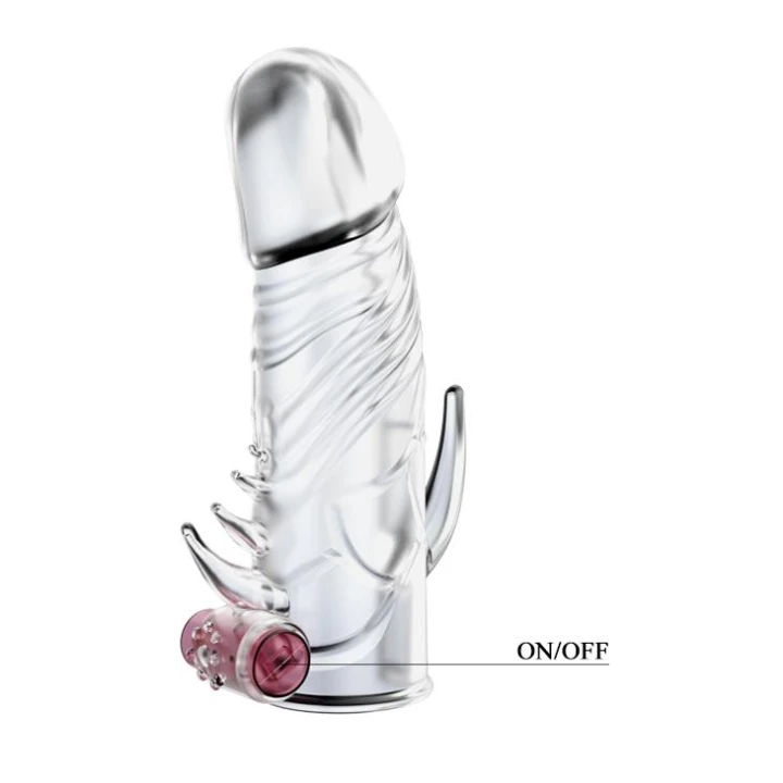 Nakładka erekcyjno-stymulacyjna BAILE z wibratorem, 2 cm przedłużenia, elastyczny żel