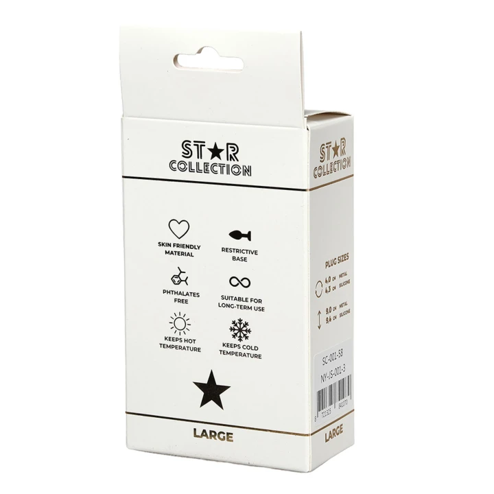 Analny korek L – metalowy plug Star Collection ze srebrnym wykończeniem i jasnoniebieskim kamieniem