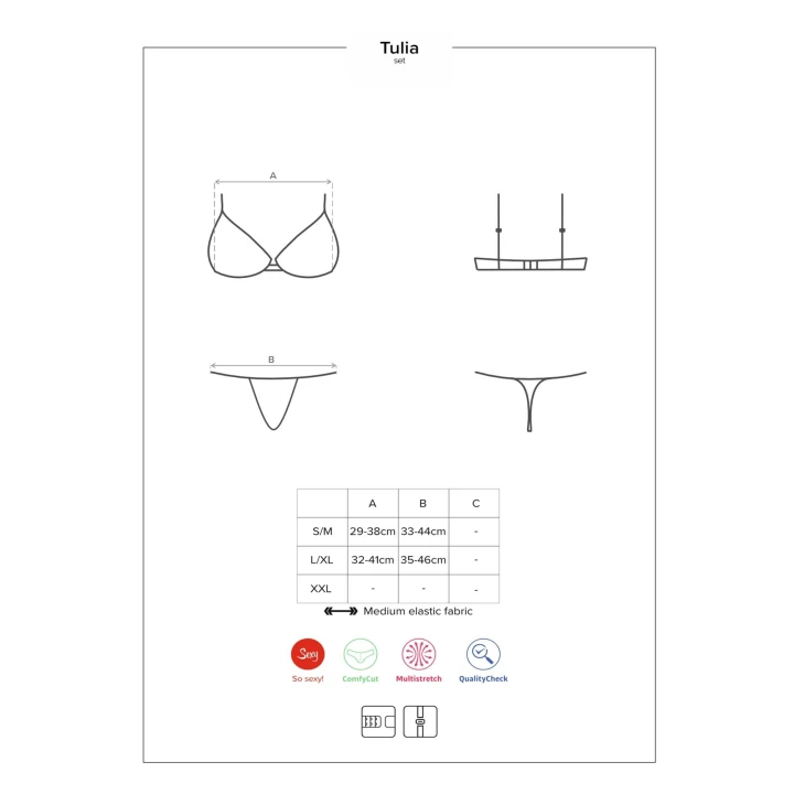 Bielizna koronkowa OBSESSIVE Tulia, komplet 2-częściowy S/M, czarna, Multistretch, ComfyCut