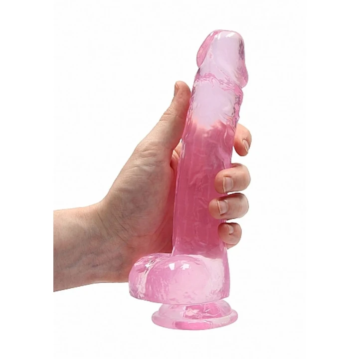 Dildo REALROCK CRYSTAL CLEAR 21 cm, realistyczne jądra, przyssawka, bez ftalanów