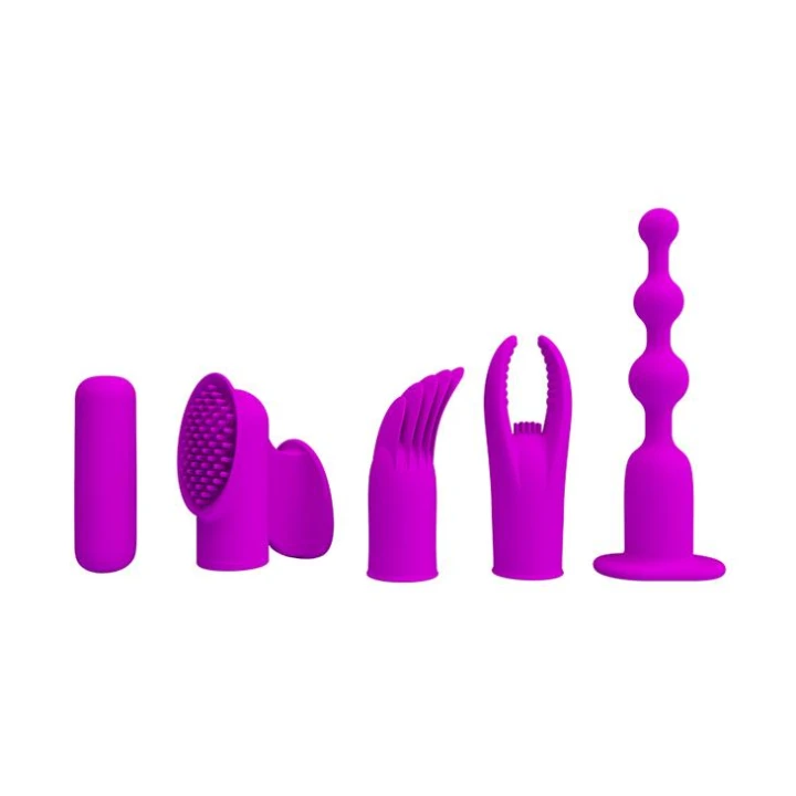 Wibrator - PRETTY LOVE, silikonowy, z 4 wymiennymi nasadkami, regulowane wibracje