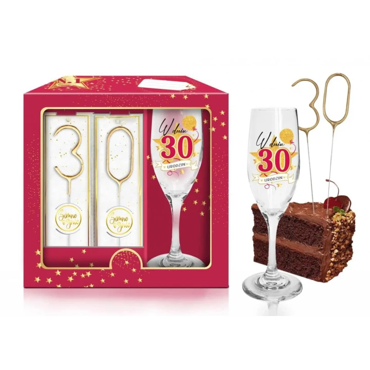 Kieliszek do szampana URODZINOWA STARS MAGENTA, zestaw z zimnymi ogniami 30 urodziny