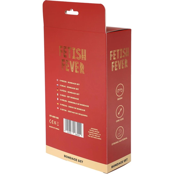 Zestaw do bondage Fetish Fever - 5 elementów, czerwony, w tym mankiety i maska