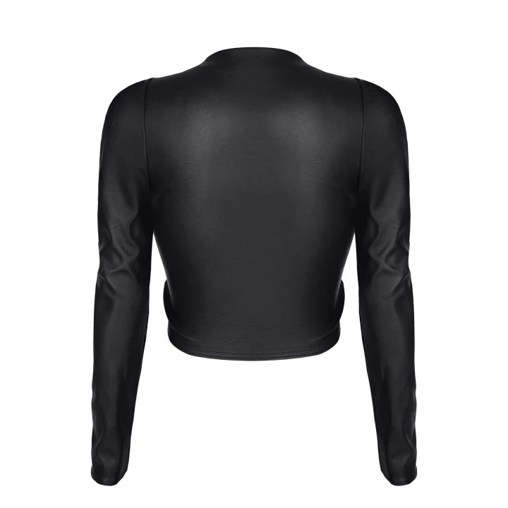 Top damski z ekoskóry ADRIANA001, długi rękaw, regulowany dekolt, w kolorze czarnym