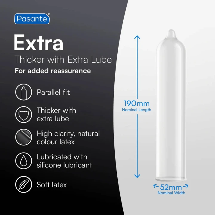 Prezerwatywy Pasante Extra – grubsze, 52 mm szerokości, z dodatkowym nawilżeniem, 3 szt.