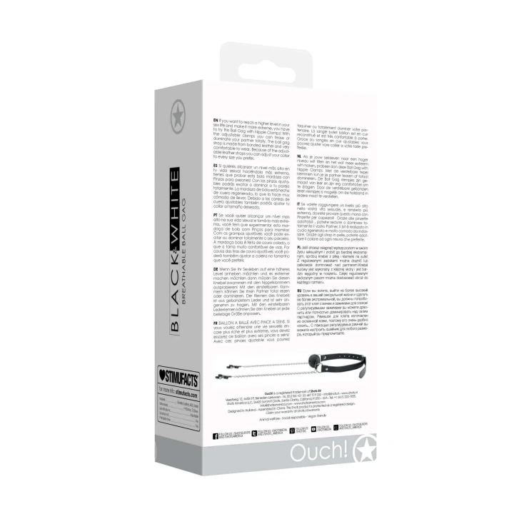 Knebel z piłką i klamerki na sutki, regulowane, skóra i metal, 30 cm łańcuch