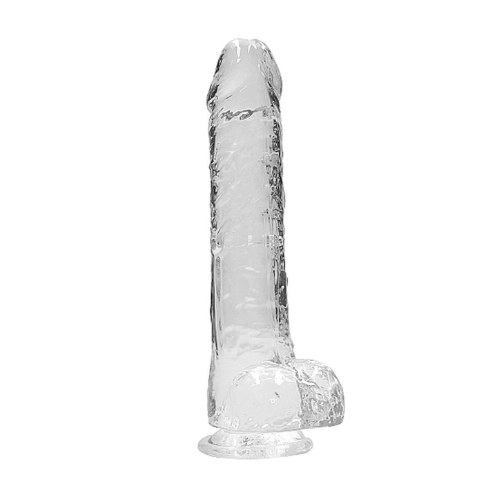 Dildo REALROCK Crystal Clear 23 cm, realistyczne jądra, mocna przyssawka, wodoodporne