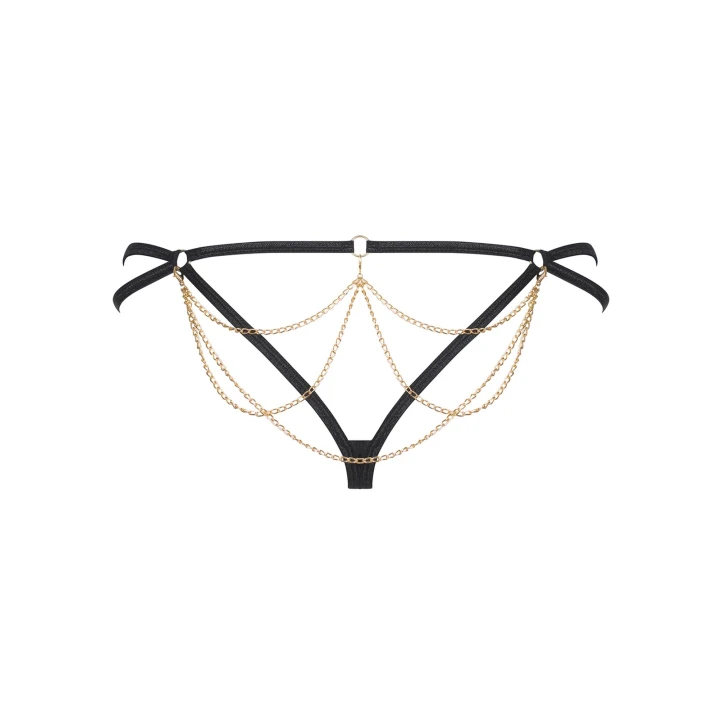 Stringi erotyczne Pantheria OBSESSIVE, czarne L/XL, siateczka w cętki, odpinany łańcuszek