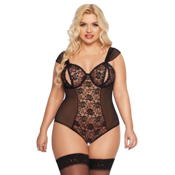 Body - SOFTLINE COLLECTION Dora, czarne, XL, eleganckie rozcięcia, kwiatowe akcenty