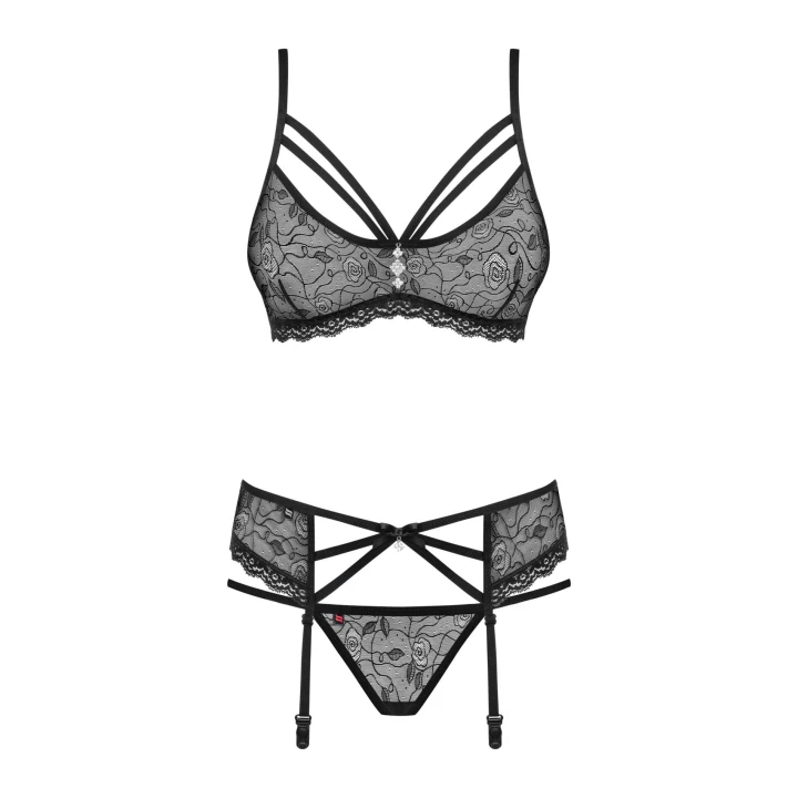 Komplet bielizny OBSESSIVE 3-częściowy L/XL, koronkowe wykończenia, regulowane ramiączka