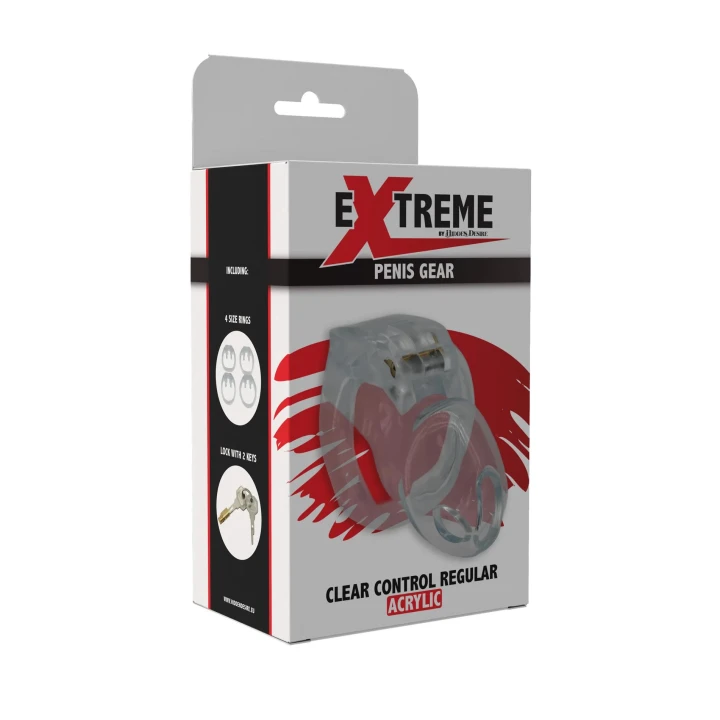 Klatka do penisa CLEAR CONTROL od HIDDEN DESIRE z akrylu, 4 rozmiary pierścieni, 9 cm
