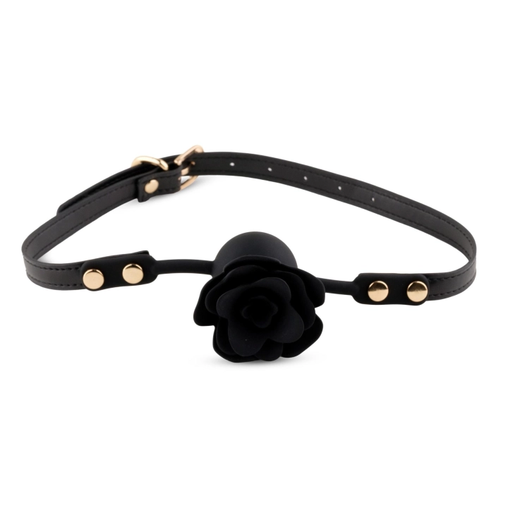 Ball Gag Black Rose – silikonowa kulka 4,2 cm, pasek regulowany 65 cm, złote detale