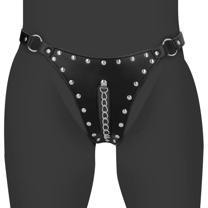 Pas cnoty thong z PU Leather OUCH! Xtreme, regulowane paski, stalowy łańcuch