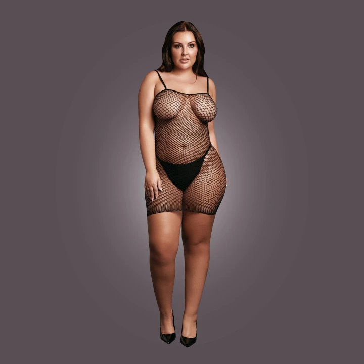 Sukienka krótka LE DESIRE z siateczką, elastyczny materiał, ramiączka spaghetti, XL-4XL