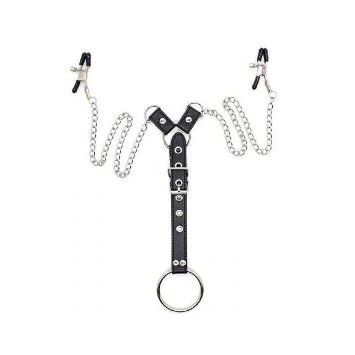 Zaciski na sutki z pierścieniem na penisa Y-Serie, Regulowane, Czarne