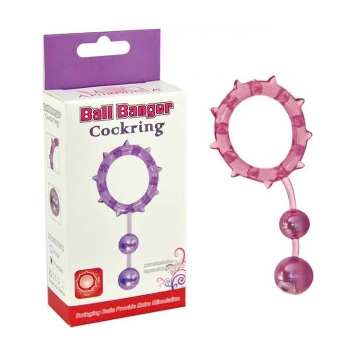 Pierścień koguta - Ball Banger, z 2 kulkami, materiał body-safe, regulowany rozmiar