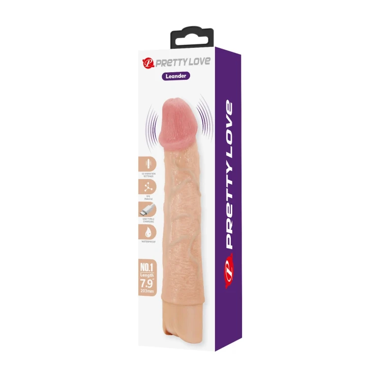 Dildo realistyczny Pretty Love Leander, 20,3 cm, 10 trybów wibracji, USB Type-C