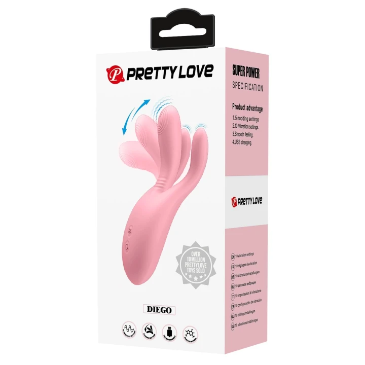 Wibrator silikonowy Pretty Love Diego, 10 funkcji wibracji, 5 funkcji kiwania