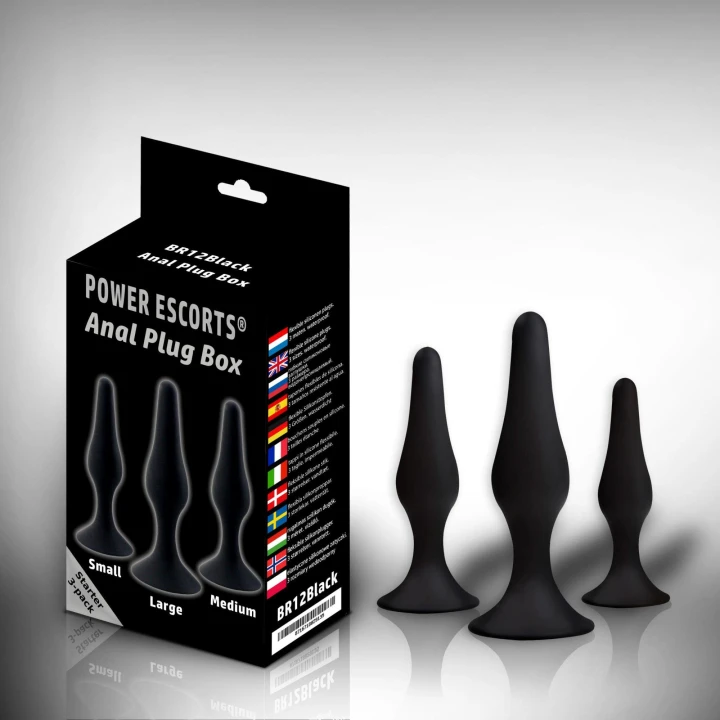 Wtyczka analna BLACK 3-pack POWER ESCORTS BR12 - trójrozmiarowa, elastyczna, z przyssawką