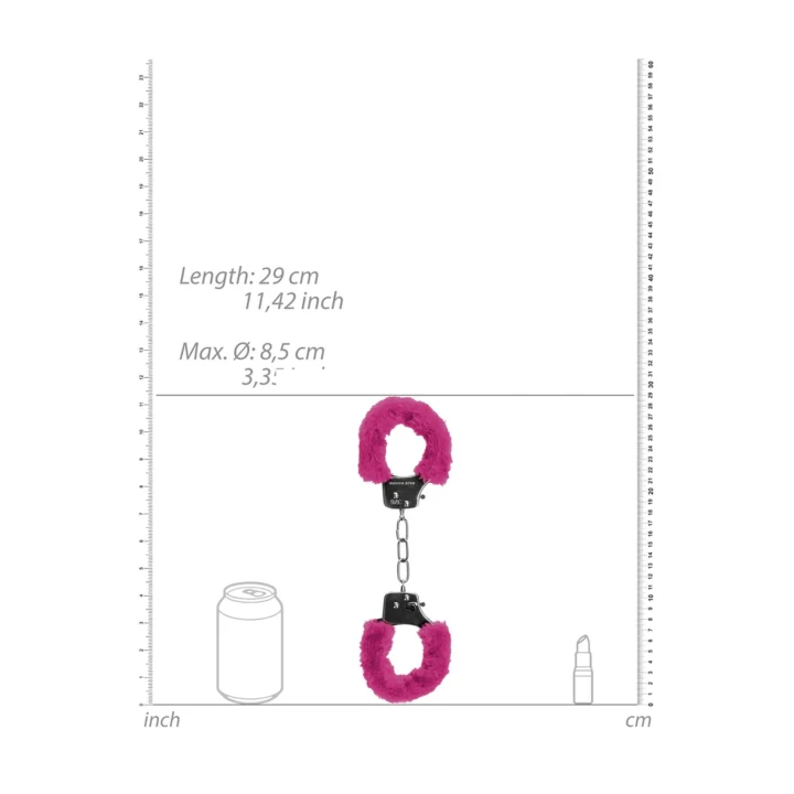 Kajdanki do przyjemności z futerkiem różowym - 29 cm, bezpieczny mechanizm, stal nierdzewna