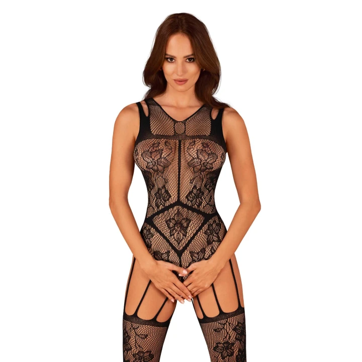 Bodystocking OBSESSIVE F239, czarny, elastyczny, kwiatowo-geometryczny, S/M/L