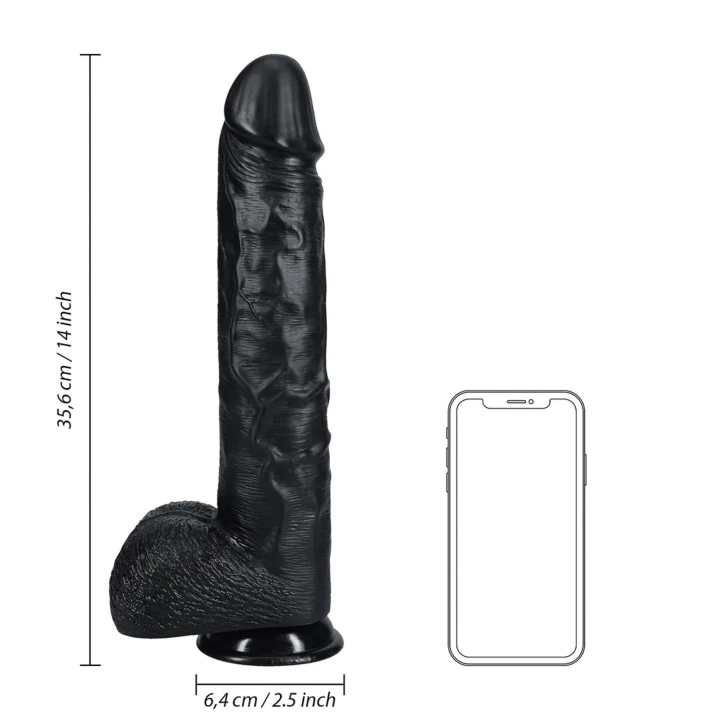 Dildo RealRock Extra Large 35,5 cm, PVC, Czarny, przyssawka, realistyczny design