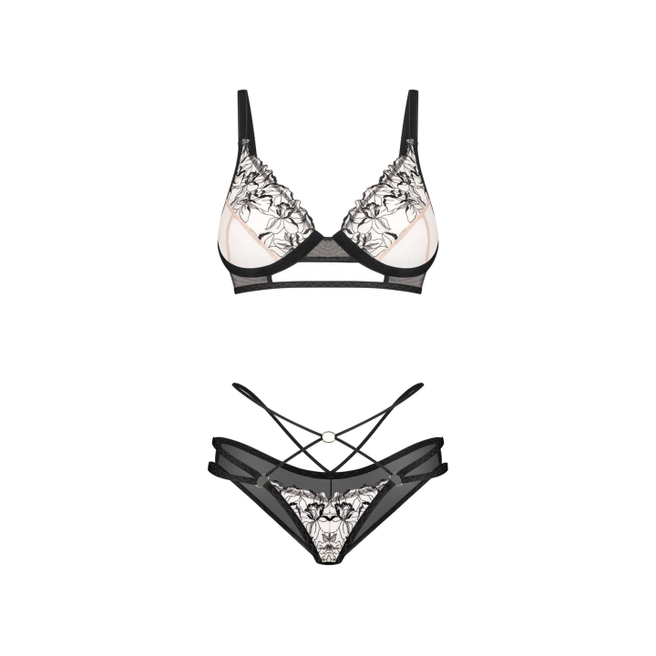 Komplet bielizny OBSESSIVE — haftowany tiul, fiszbiny, regulowane ramiączka