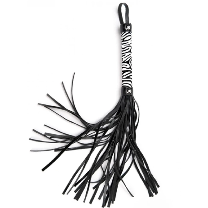 Flogger skórzany PU, biały leopard, mocny uchwyt, długość 45 cm, pierścień 6 cm