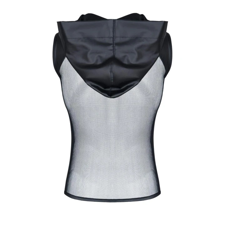 Męski t-shirt REGNES FETISH PLANET z kapturem, elastyczna siateczka, ekoskórne ramiona