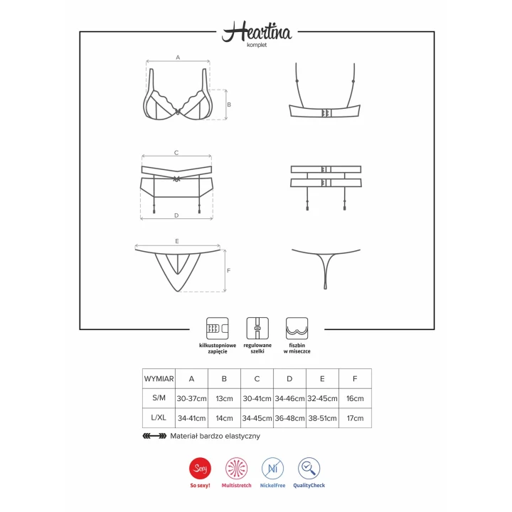 Bielizna erotyczna OBSESSIVE Heartina L/XL - 3-częściowy zestaw, koronkowy, regulowane ramiączka
