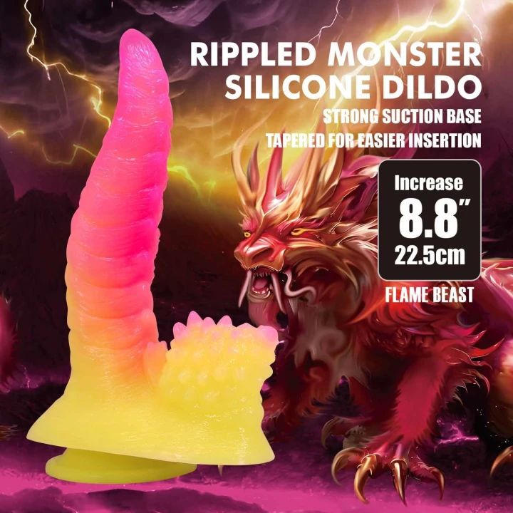 Dildo Power Monsters Flamebeast - 22,5 cm, żłobiony, silikon medyczny, z przyssawką
