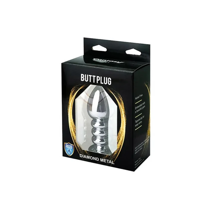 Korek analny dużych rozmiarów z metalu, żebrowany, z różowym kryształem 10,5 cm