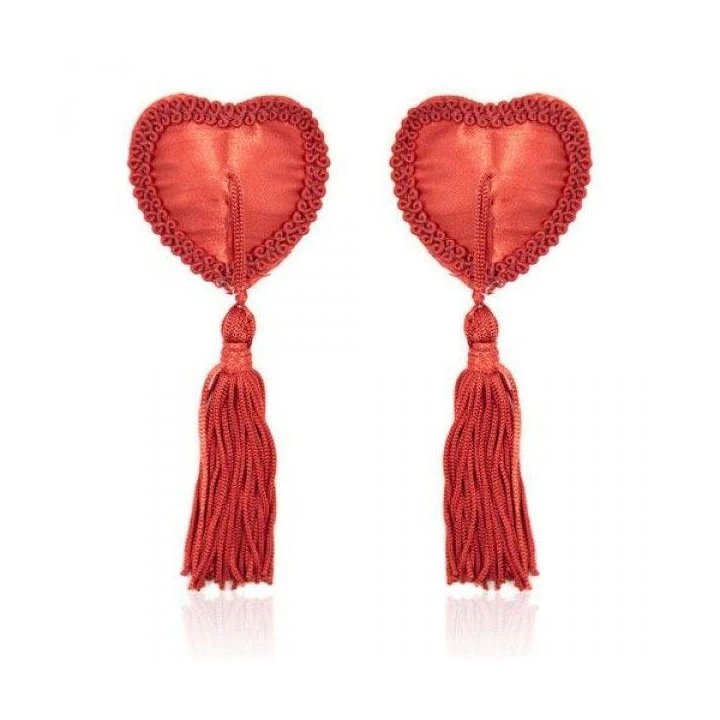 Nakładki na biust samoprzylepne sercowe z frędzelkami, wielokrotnego użytku, kolor czerwony